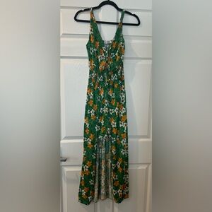 Yuna Floral Green and Orange Maxi Dress with shorts for front